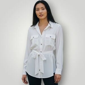 Chico's Top Womens 2 US L 12 White Utility Cold Shoulder Jacket Belted Waist New